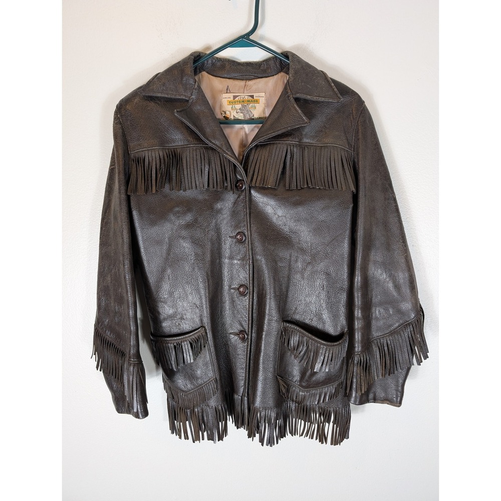 VTG 50s Custom Made Berlin WI Deerskin Fits Men's S Leather Fringe Jacket Brown